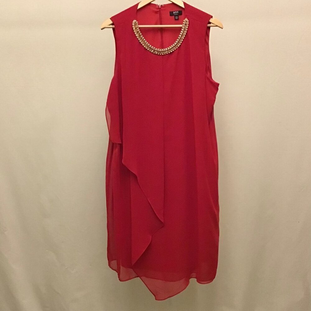 MSK 20W Dress Flowy Chiffon Sleeveless Midi Red Rhinestones Flattering Lined - Picture 6 of 16